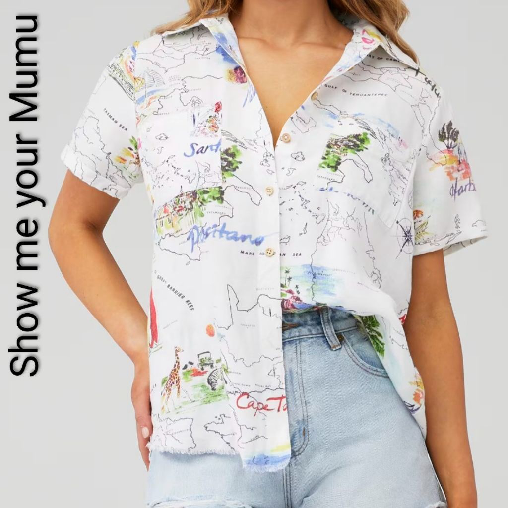 Women's Show Me Your Mumu Antonelli Top Map Island Getaway Linen Shirt Xs